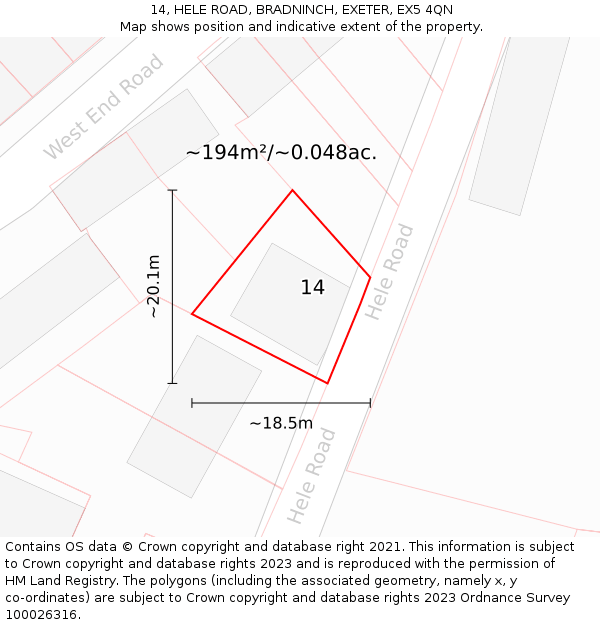 14, HELE ROAD, BRADNINCH, EXETER, EX5 4QN: Plot and title map