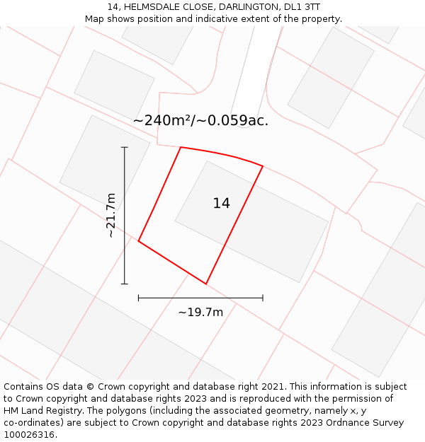 14, HELMSDALE CLOSE, DARLINGTON, DL1 3TT: Plot and title map