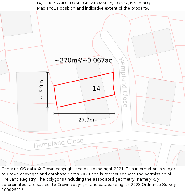 14, HEMPLAND CLOSE, GREAT OAKLEY, CORBY, NN18 8LQ: Plot and title map