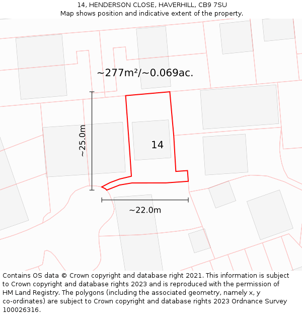 14, HENDERSON CLOSE, HAVERHILL, CB9 7SU: Plot and title map