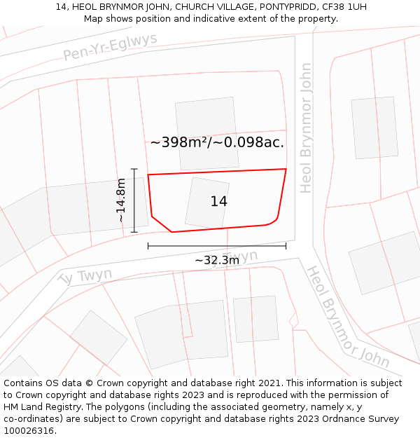 14, HEOL BRYNMOR JOHN, CHURCH VILLAGE, PONTYPRIDD, CF38 1UH: Plot and title map