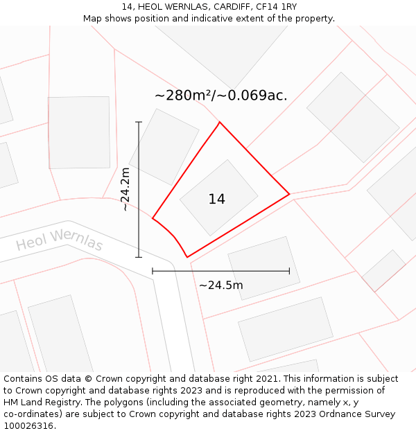 14, HEOL WERNLAS, CARDIFF, CF14 1RY: Plot and title map
