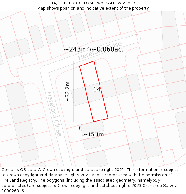 14, HEREFORD CLOSE, WALSALL, WS9 8HX: Plot and title map