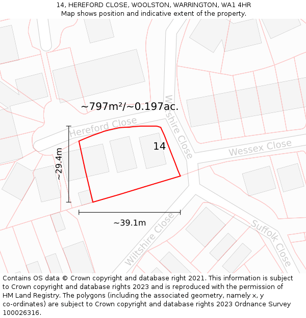 14, HEREFORD CLOSE, WOOLSTON, WARRINGTON, WA1 4HR: Plot and title map