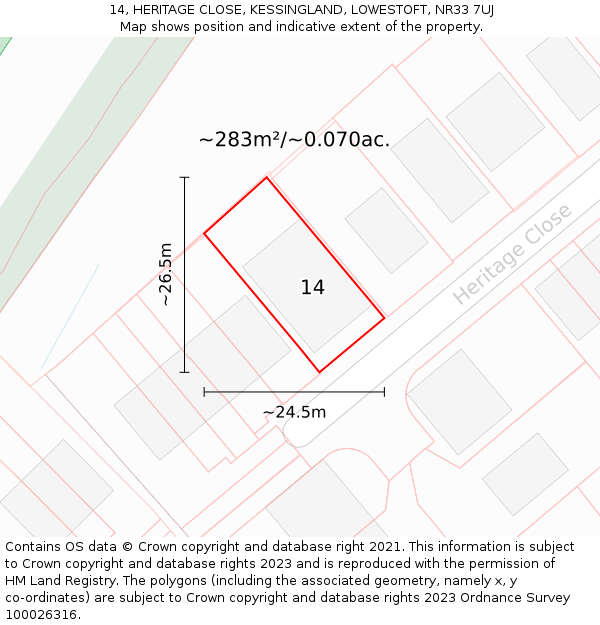 14, HERITAGE CLOSE, KESSINGLAND, LOWESTOFT, NR33 7UJ: Plot and title map