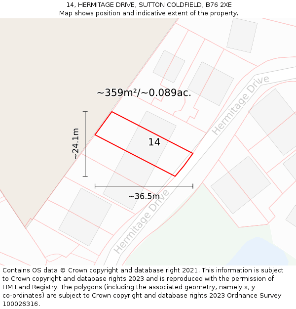14, HERMITAGE DRIVE, SUTTON COLDFIELD, B76 2XE: Plot and title map