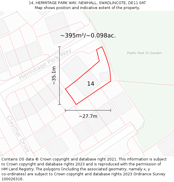 14, HERMITAGE PARK WAY, NEWHALL, SWADLINCOTE, DE11 0AT: Plot and title map