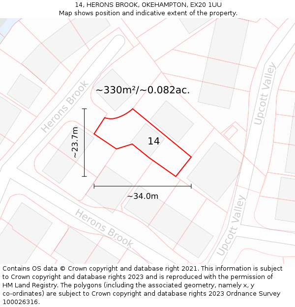 14, HERONS BROOK, OKEHAMPTON, EX20 1UU: Plot and title map