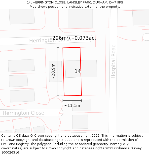 14, HERRINGTON CLOSE, LANGLEY PARK, DURHAM, DH7 9FS: Plot and title map