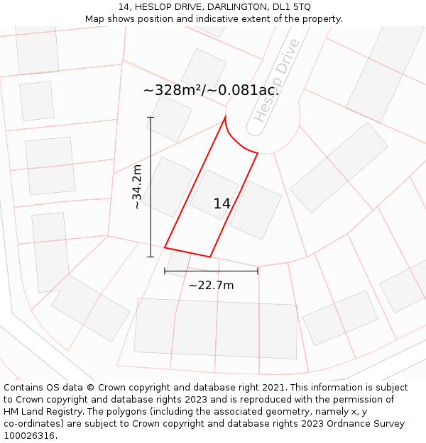 14, HESLOP DRIVE, DARLINGTON, DL1 5TQ: Plot and title map
