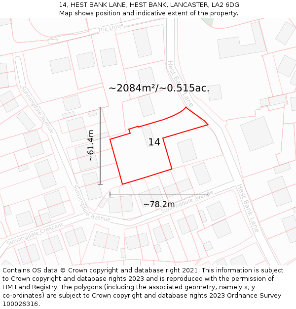 14, HEST BANK LANE, HEST BANK, LANCASTER, LA2 6DG: Plot and title map