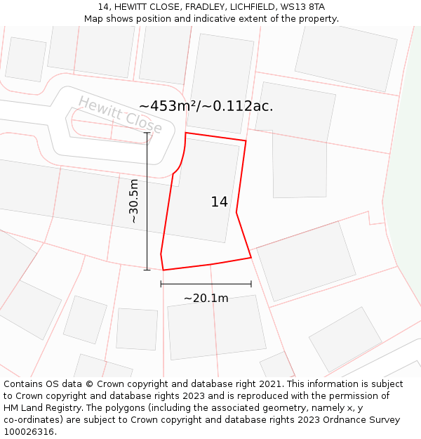 14, HEWITT CLOSE, FRADLEY, LICHFIELD, WS13 8TA: Plot and title map