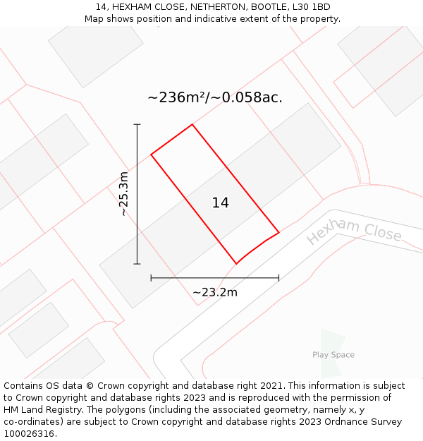 14, HEXHAM CLOSE, NETHERTON, BOOTLE, L30 1BD: Plot and title map