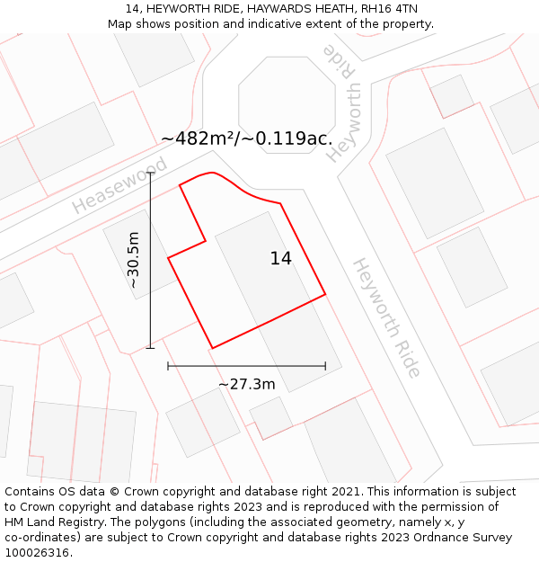 14, HEYWORTH RIDE, HAYWARDS HEATH, RH16 4TN: Plot and title map