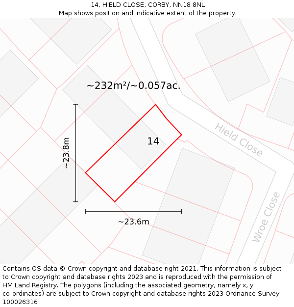 14, HIELD CLOSE, CORBY, NN18 8NL: Plot and title map