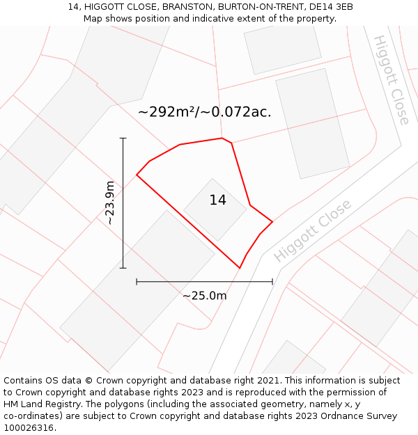 14, HIGGOTT CLOSE, BRANSTON, BURTON-ON-TRENT, DE14 3EB: Plot and title map