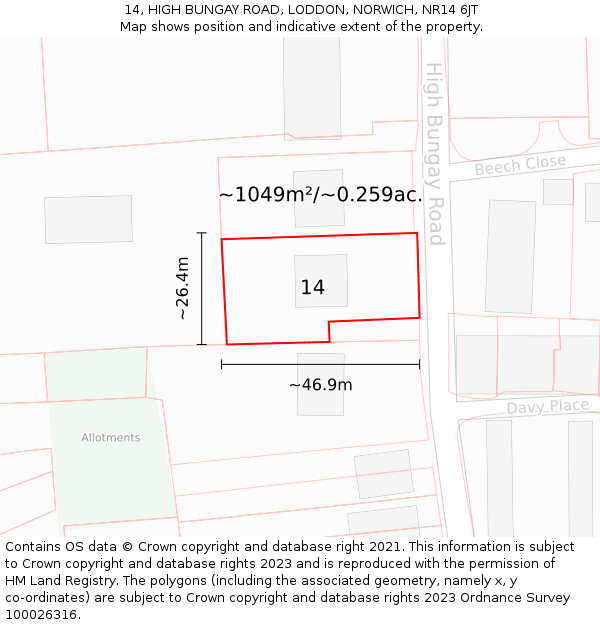 14, HIGH BUNGAY ROAD, LODDON, NORWICH, NR14 6JT: Plot and title map