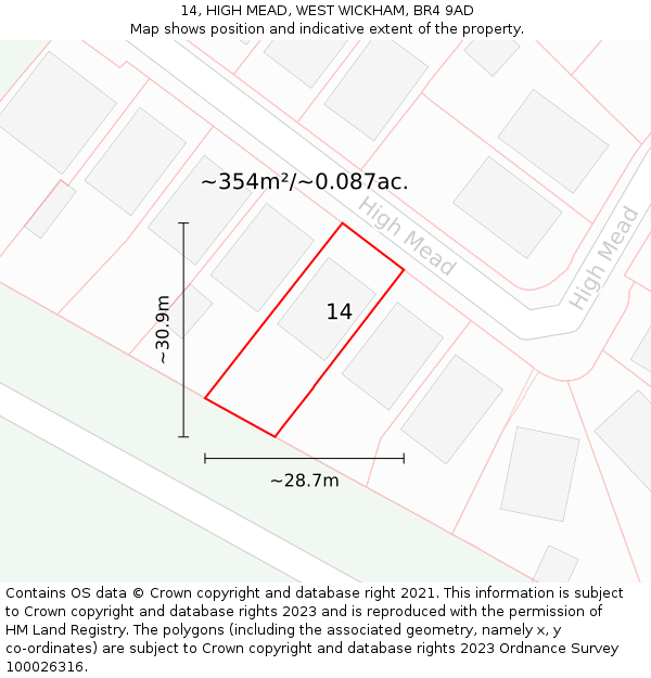 14, HIGH MEAD, WEST WICKHAM, BR4 9AD: Plot and title map