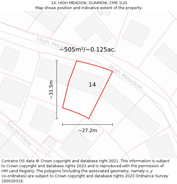 14, HIGH MEADOW, DUNMOW, CM6 1UG: Plot and title map