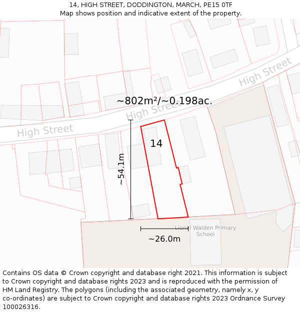 14, HIGH STREET, DODDINGTON, MARCH, PE15 0TF: Plot and title map