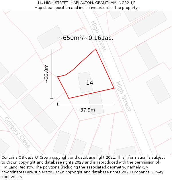 14, HIGH STREET, HARLAXTON, GRANTHAM, NG32 1JE: Plot and title map