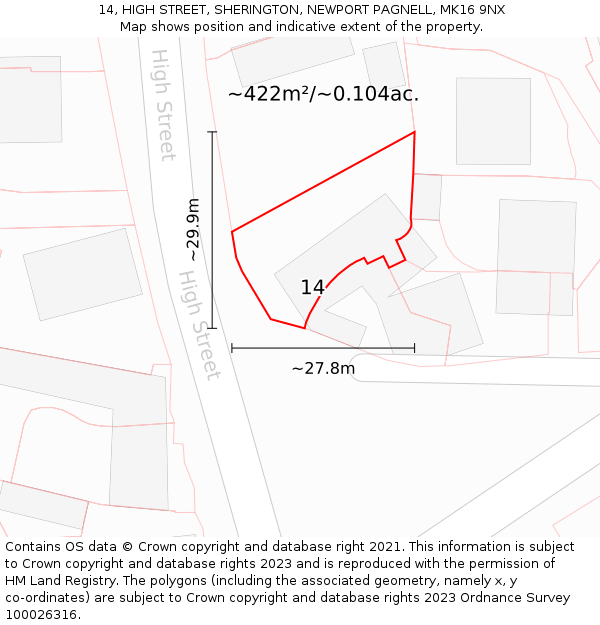 14, HIGH STREET, SHERINGTON, NEWPORT PAGNELL, MK16 9NX: Plot and title map