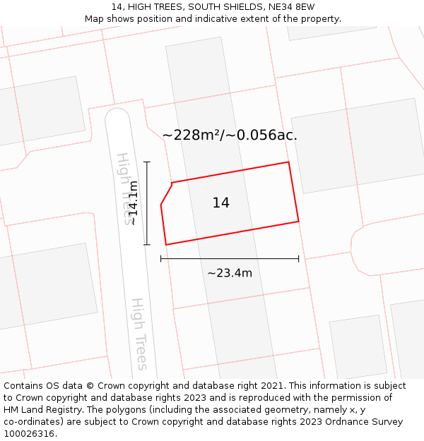 14, HIGH TREES, SOUTH SHIELDS, NE34 8EW: Plot and title map
