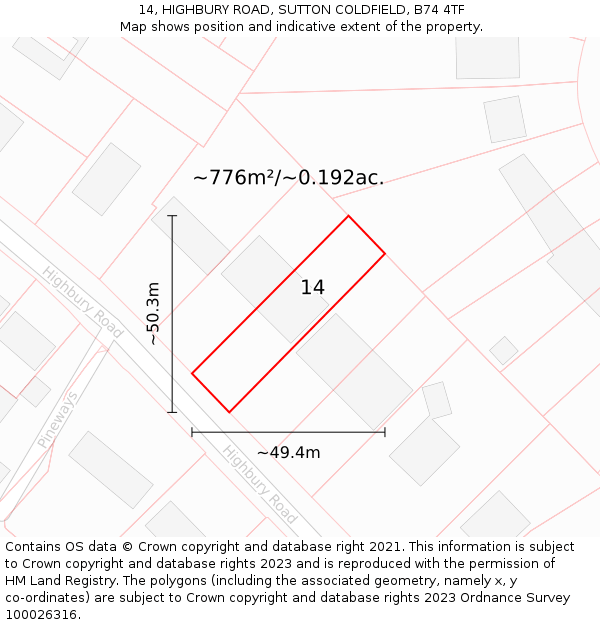 14, HIGHBURY ROAD, SUTTON COLDFIELD, B74 4TF: Plot and title map