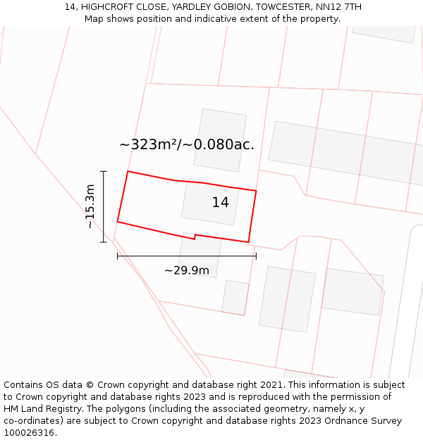 14, HIGHCROFT CLOSE, YARDLEY GOBION, TOWCESTER, NN12 7TH: Plot and title map