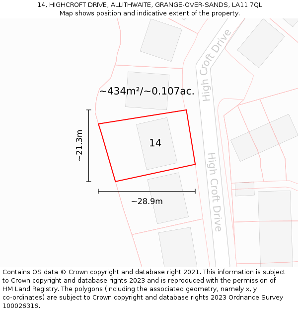 14, HIGHCROFT DRIVE, ALLITHWAITE, GRANGE-OVER-SANDS, LA11 7QL: Plot and title map