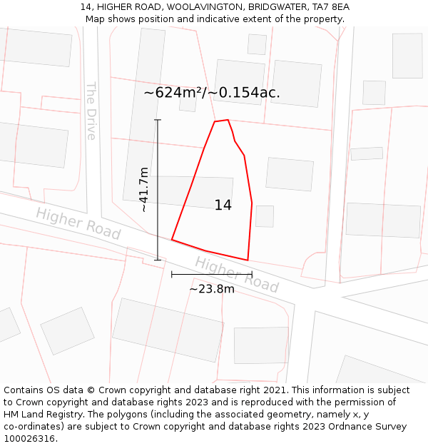 14, HIGHER ROAD, WOOLAVINGTON, BRIDGWATER, TA7 8EA: Plot and title map