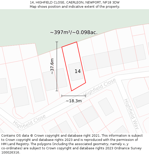14, HIGHFIELD CLOSE, CAERLEON, NEWPORT, NP18 3DW: Plot and title map