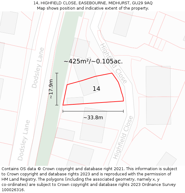 14, HIGHFIELD CLOSE, EASEBOURNE, MIDHURST, GU29 9AQ: Plot and title map