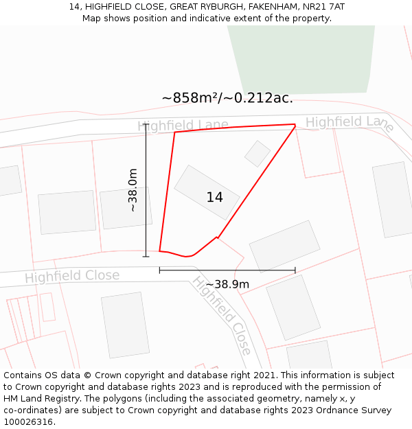 14, HIGHFIELD CLOSE, GREAT RYBURGH, FAKENHAM, NR21 7AT: Plot and title map
