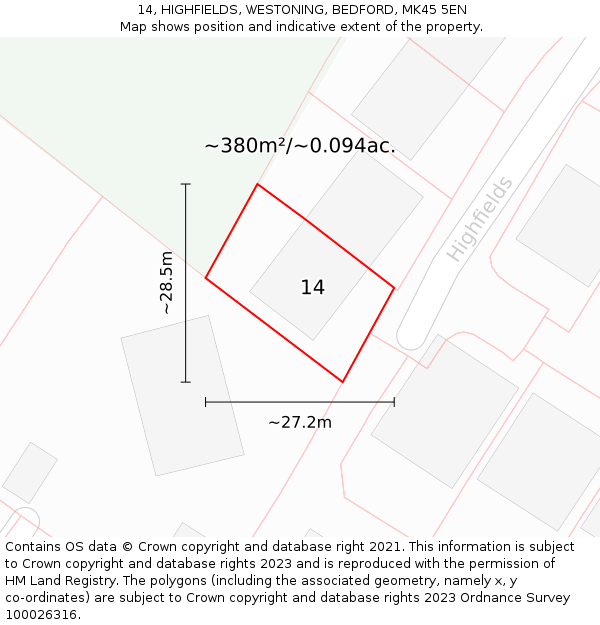 14, HIGHFIELDS, WESTONING, BEDFORD, MK45 5EN: Plot and title map