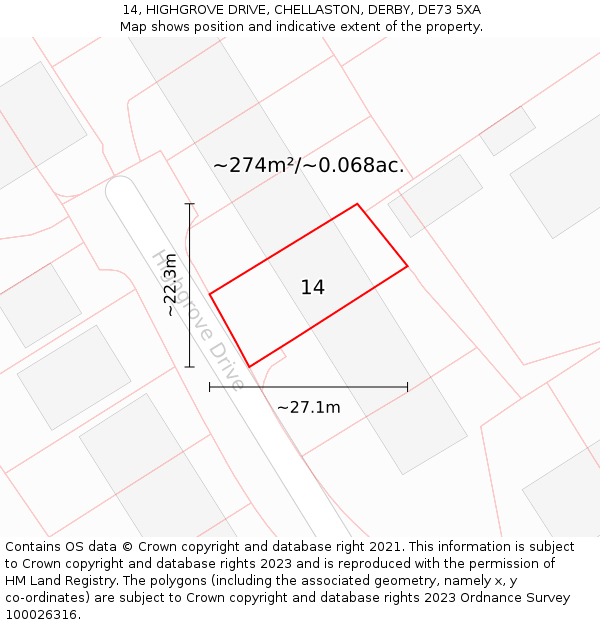 14, HIGHGROVE DRIVE, CHELLASTON, DERBY, DE73 5XA: Plot and title map