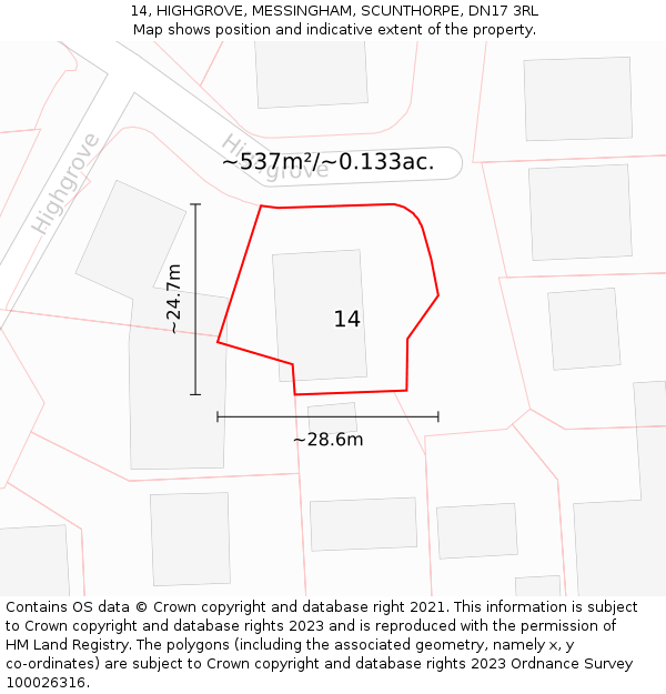 14, HIGHGROVE, MESSINGHAM, SCUNTHORPE, DN17 3RL: Plot and title map