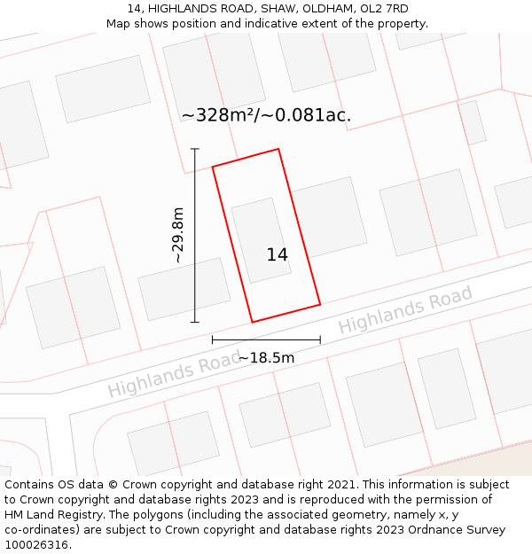 14, HIGHLANDS ROAD, SHAW, OLDHAM, OL2 7RD: Plot and title map