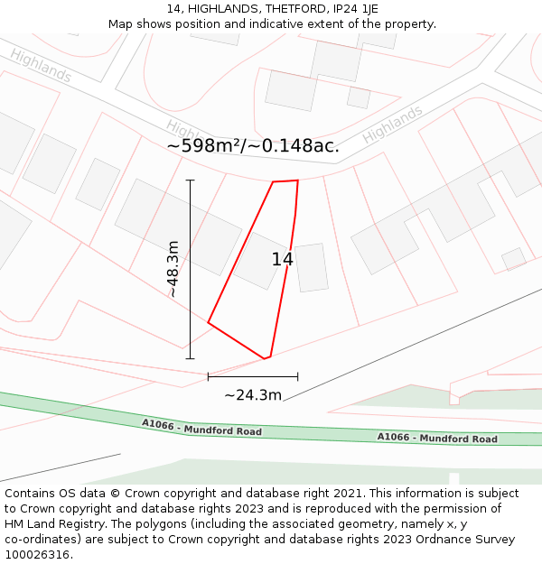 14, HIGHLANDS, THETFORD, IP24 1JE: Plot and title map
