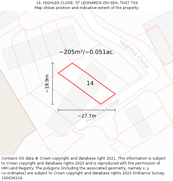 14, HIGHLEA CLOSE, ST LEONARDS-ON-SEA, TN37 7SS: Plot and title map