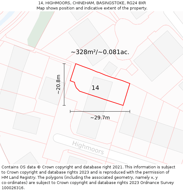14, HIGHMOORS, CHINEHAM, BASINGSTOKE, RG24 8XR: Plot and title map