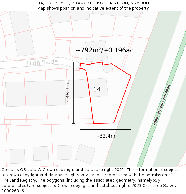 14, HIGHSLADE, BRIXWORTH, NORTHAMPTON, NN6 9UH: Plot and title map