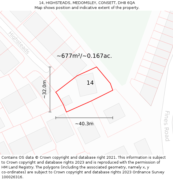 14, HIGHSTEADS, MEDOMSLEY, CONSETT, DH8 6QA: Plot and title map