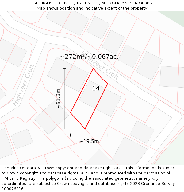 14, HIGHVEER CROFT, TATTENHOE, MILTON KEYNES, MK4 3BN: Plot and title map