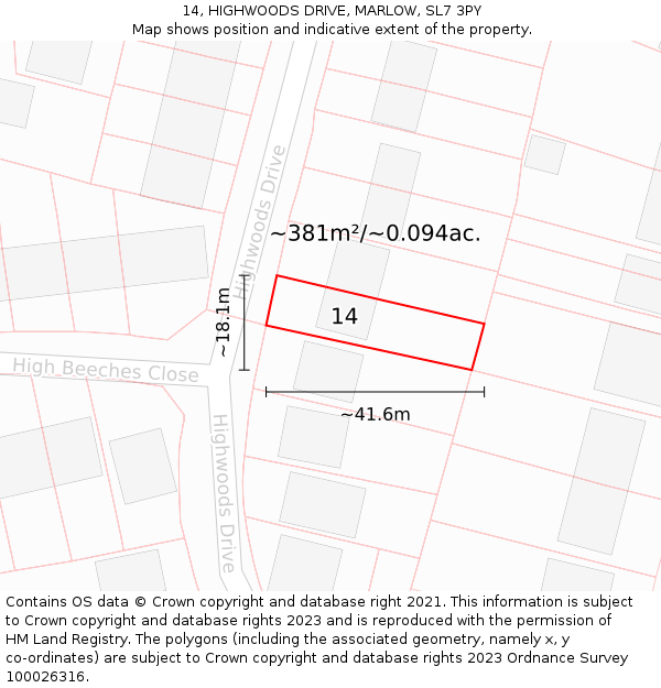 14, HIGHWOODS DRIVE, MARLOW, SL7 3PY: Plot and title map