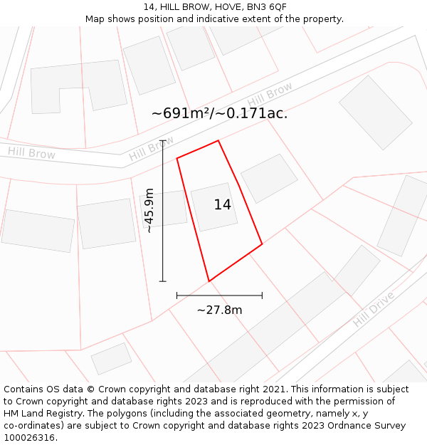 14, HILL BROW, HOVE, BN3 6QF: Plot and title map