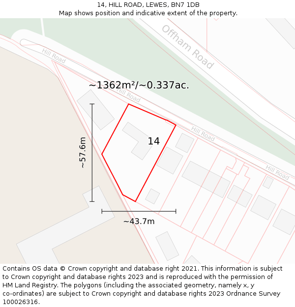 14, HILL ROAD, LEWES, BN7 1DB: Plot and title map
