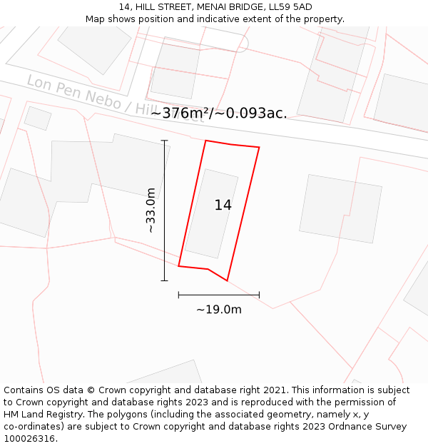 14, HILL STREET, MENAI BRIDGE, LL59 5AD: Plot and title map