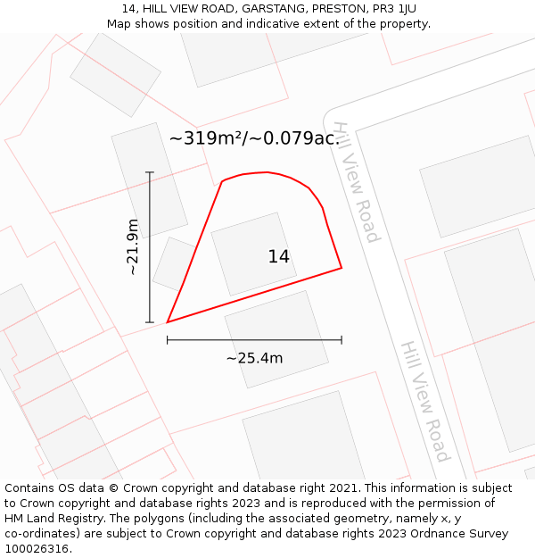 14, HILL VIEW ROAD, GARSTANG, PRESTON, PR3 1JU: Plot and title map