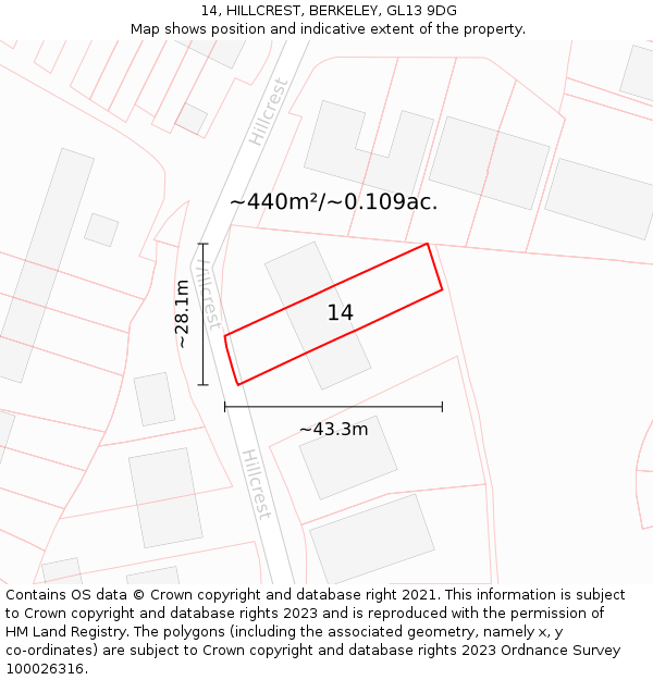 14, HILLCREST, BERKELEY, GL13 9DG: Plot and title map